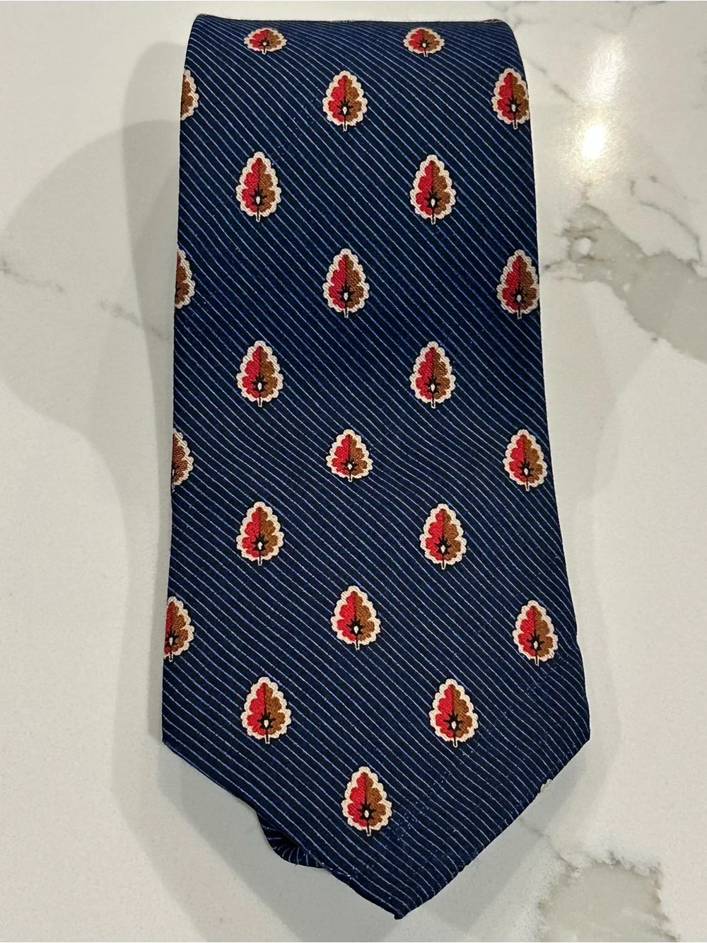 Vintage Coach Silk Neck Tie Navy Blue Red Tan Leaf Geometric Pattern Designer